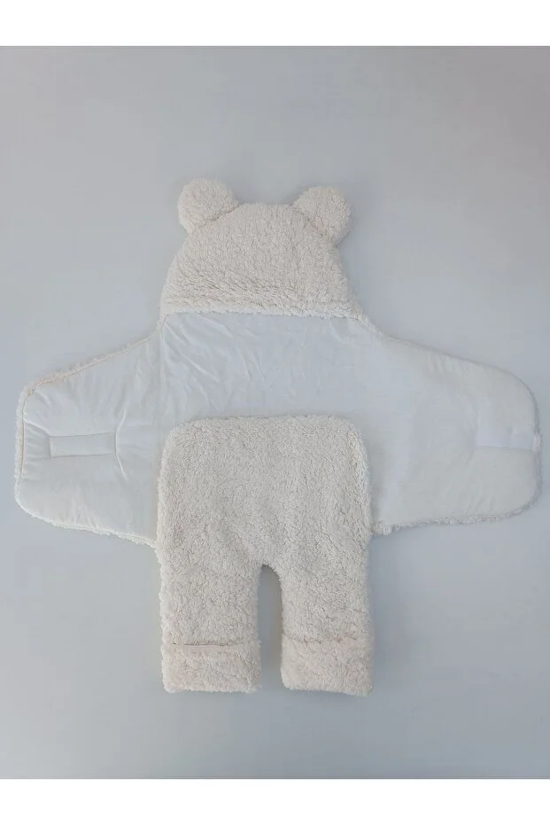 0-12 Ay İçi Elyaflı Peluş Welsoft Kulaklı Ekru Dış Bebek Kundak & Battaniyesi Kışlık Uyku Tulumu
